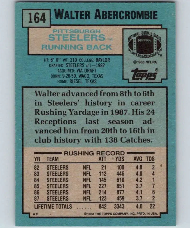 1988 Topps #164 Walter Abercrombie EX Excellent Pittsburgh Steelers Football Card - Football Card Single
