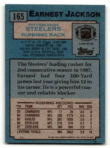 1988 Topps #165 Earnest Jackson Pittsburgh Steelers Football Cards E ID:62499 - Football Card Single