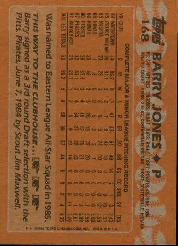 Vintage baseball card featuring Barry Jones from 1988 Topps #168 with original gloss