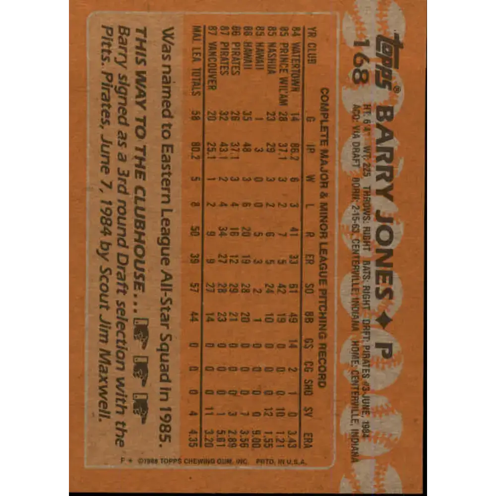 1988 Topps #168 Barry Jones NM-MT Pittsburgh Pirates Baseball Card