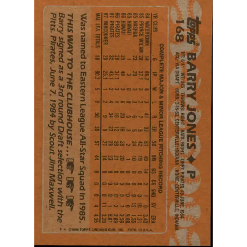1988 Topps #168 Barry Jones NM-MT Pittsburgh Pirates Baseball Card