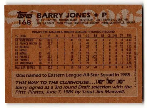 Original gloss Barry Jones Pittsburgh Pirates baseball card from 1988 Topps #168