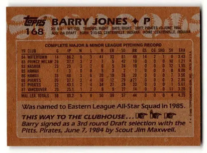 Original gloss Barry Jones Pittsburgh Pirates baseball card from 1988 Topps #168