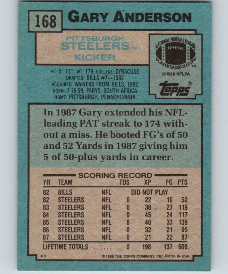 1988 Topps #168 Gary Anderson EX Excellent Pittsburgh Steelers Football Card - Football Card Single