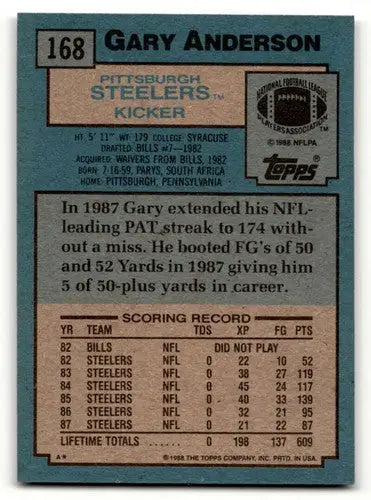 1988 Topps #168 Gary Anderson Pittsburgh Steelers Football Cards EX/ ID:62502 - Trading Cards