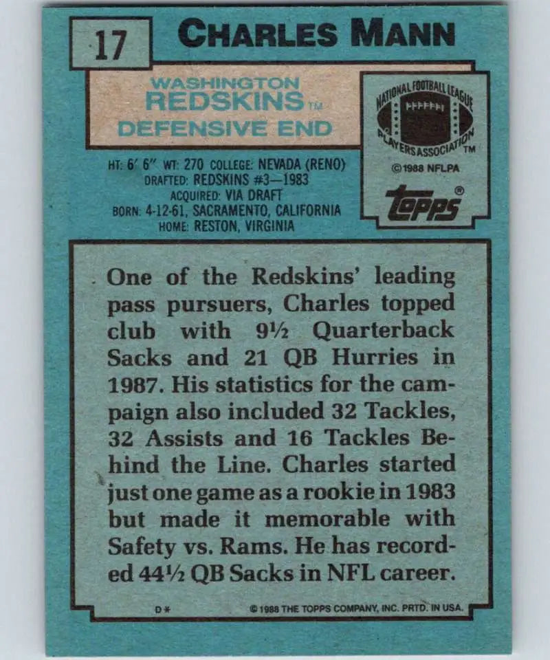 1988 Topps #17 Charles Mann EX Excellent Washington Redskins Football Card - Football Card Single