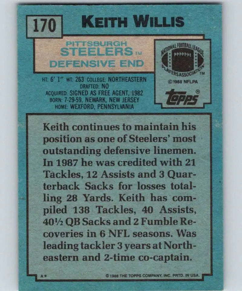 1988 Topps #170 Keith Willis EX Excellent Pittsburgh Steelers Football Card - Football Card Single