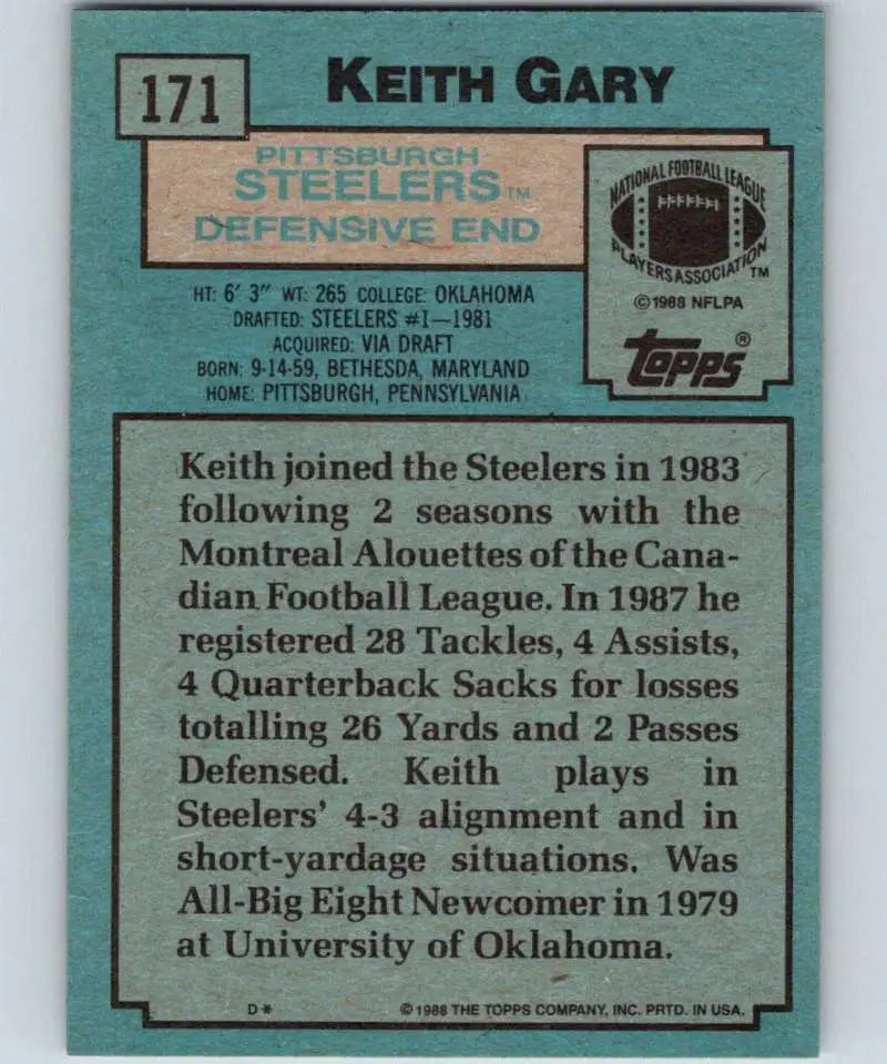 1988 Topps #171 Keith Gary EX Excellent Pittsburgh Steelers Football Card