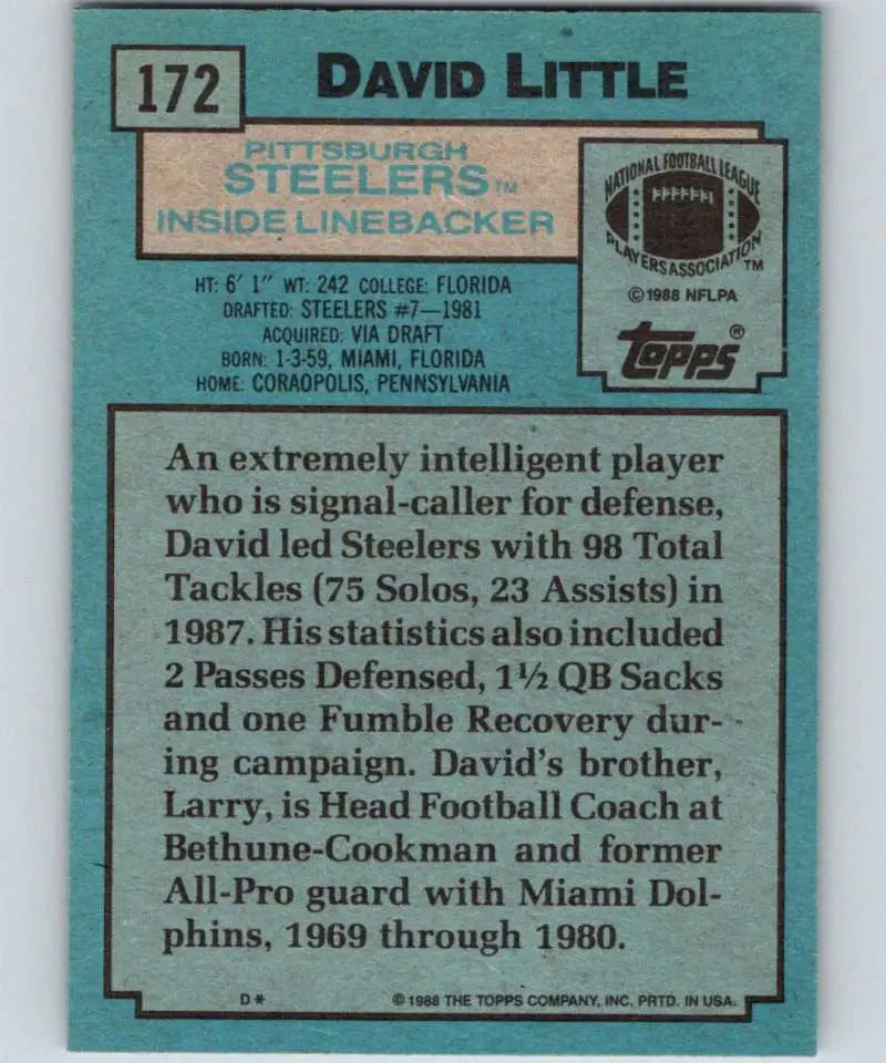1988 Topps #172 David Little EX Excellent RC Rookie Pittsburgh Steelers Football Card - Football Card Single