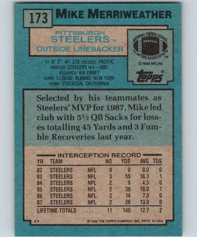 1988 Topps #173 Mike Merriweather EX Excellent Pittsburgh Steelers Football Card - Football Card Single