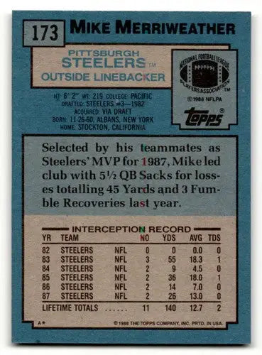 1988 Topps #173 Mike Merriweather Pittsburgh Steelers Football Cards ID:62507 - Football Card Single