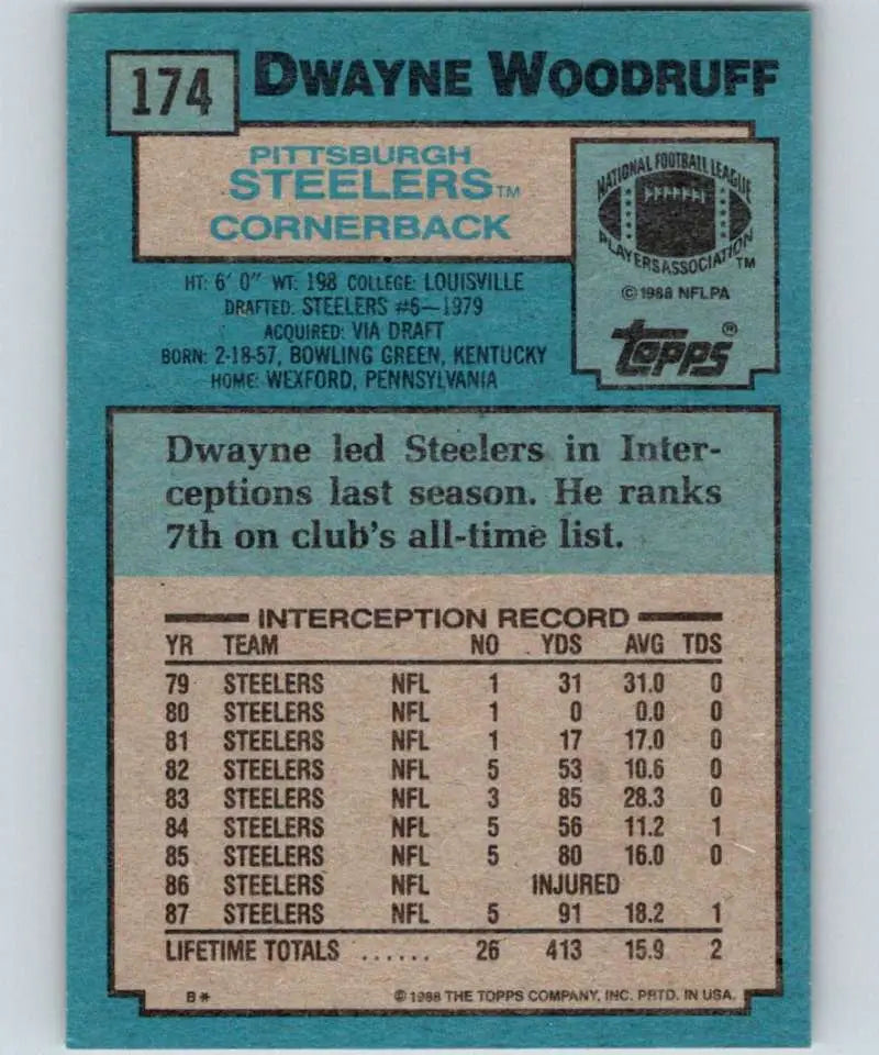 1988 Topps #174 Dwayne Woodruff EX Excellent Pittsburgh Steelers Football Card - Football Card Single