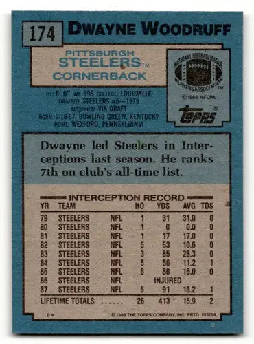 1988 Topps #174 Dwayne Woodruff Pittsburgh Steelers Football Cards E ID:62508 - Football Card Single