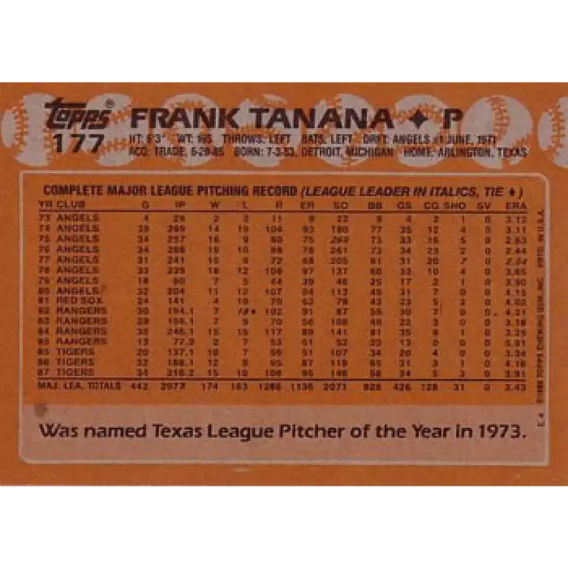 1988 Topps #177 Frank Tanana NM-MT Detroit Tigers Baseball Card - Baseball Card Single