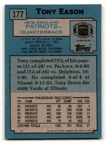 1988 Topps #177 Tony Eason New England Patriots Football Cards EX/NM ID:62511 - Football Card Single