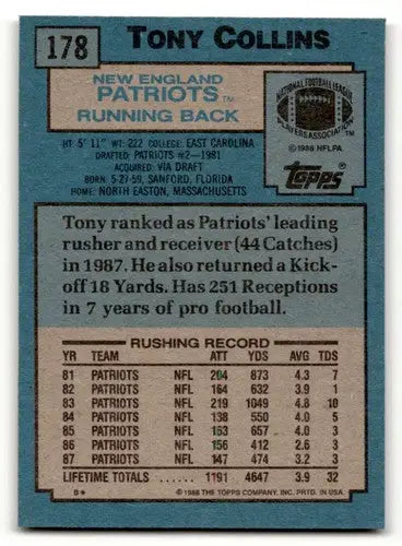 1988 Topps #178 Tony Collins New England Patriots Football Cards EX/ ID:62512 - Football Card Single