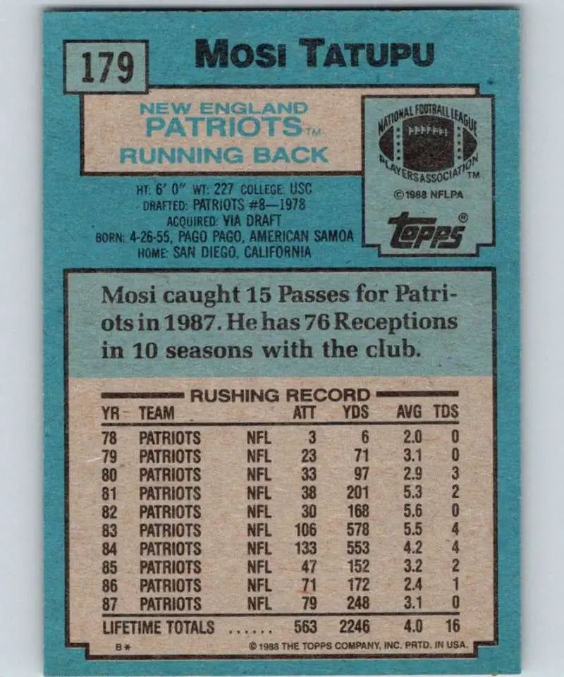 1988 Topps #179 Mosi Tatupu EX Excellent New England Patriots Football Card - Football Card Single