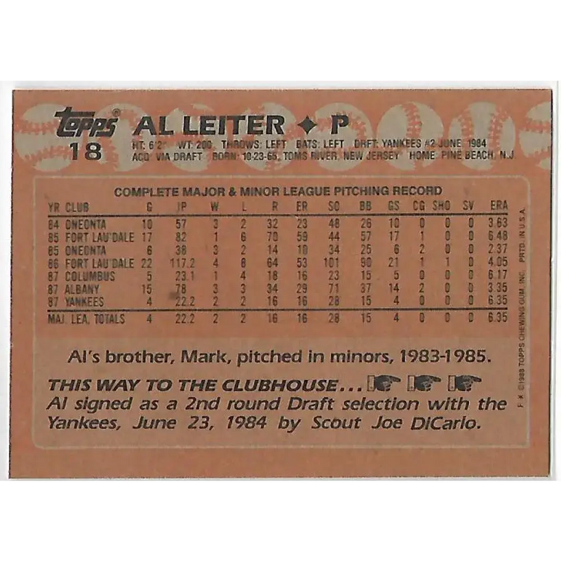 1988 Topps #18 Al Leiter NM-MT RC Rookie Baseball Card - Baseball Card Single