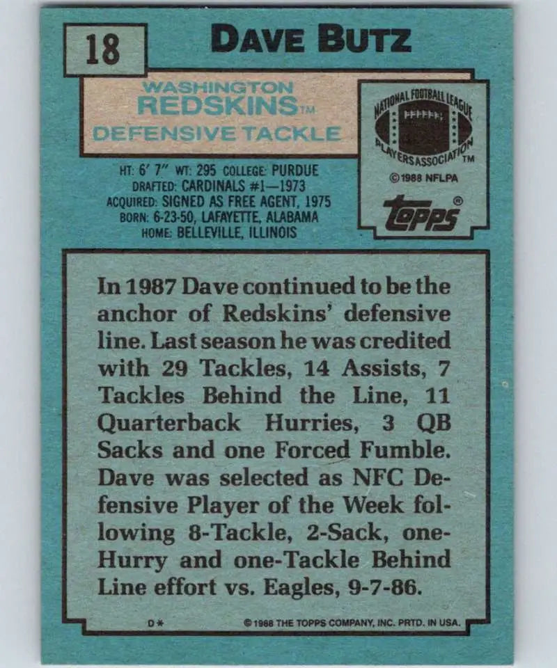 1988 Topps #18 Dave Butz EX Excellent Washington Redskins Football Card - Football Card Single