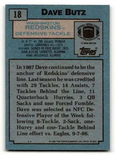 Original gloss Dave Butz Washington football card from 1988 Topps Redskins collection