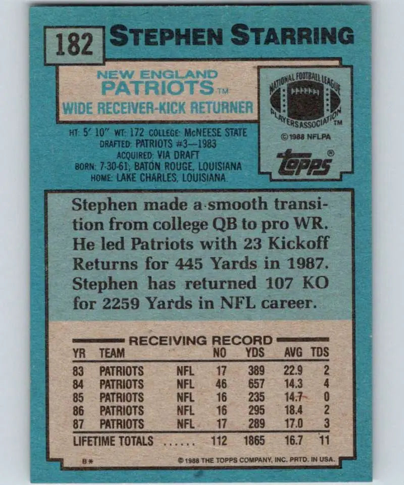 1988 Topps #182 Stephen Starring EX Excellent New England Patriots Football Card - Football Card Single