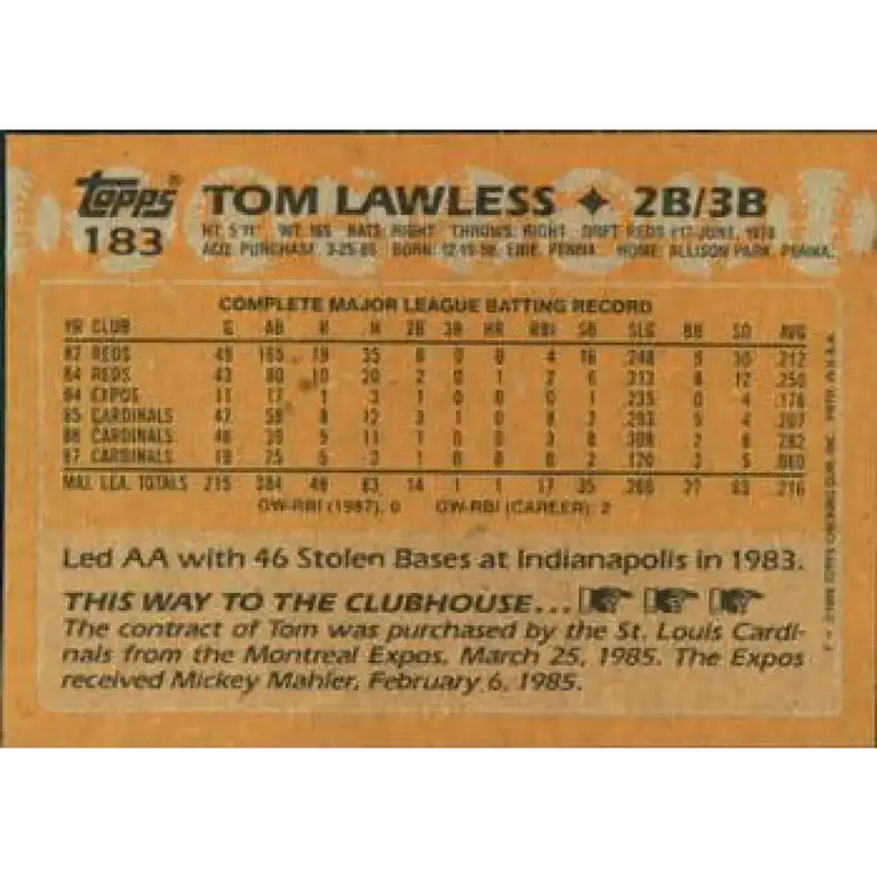1988 Topps #183 Tom Lawless NM-MT St. Louis Cardinals Baseball Card - Baseball Card Single