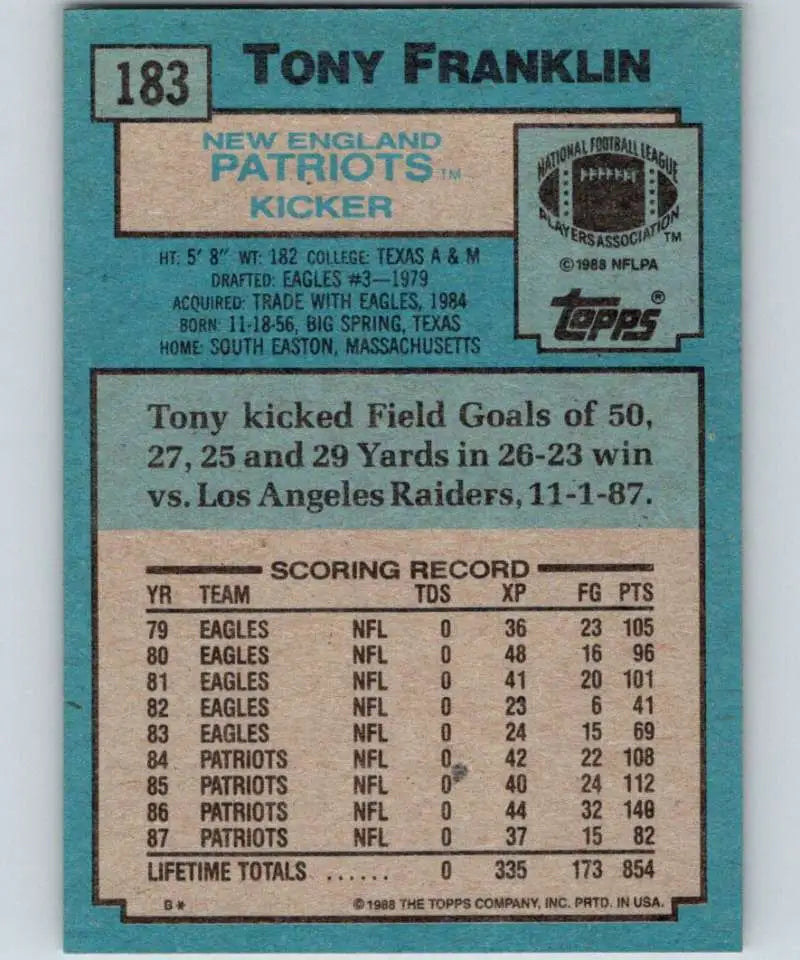 1988 Topps #183 Tony Franklin EX Excellent New England Patriots Football Card - Football Card Single
