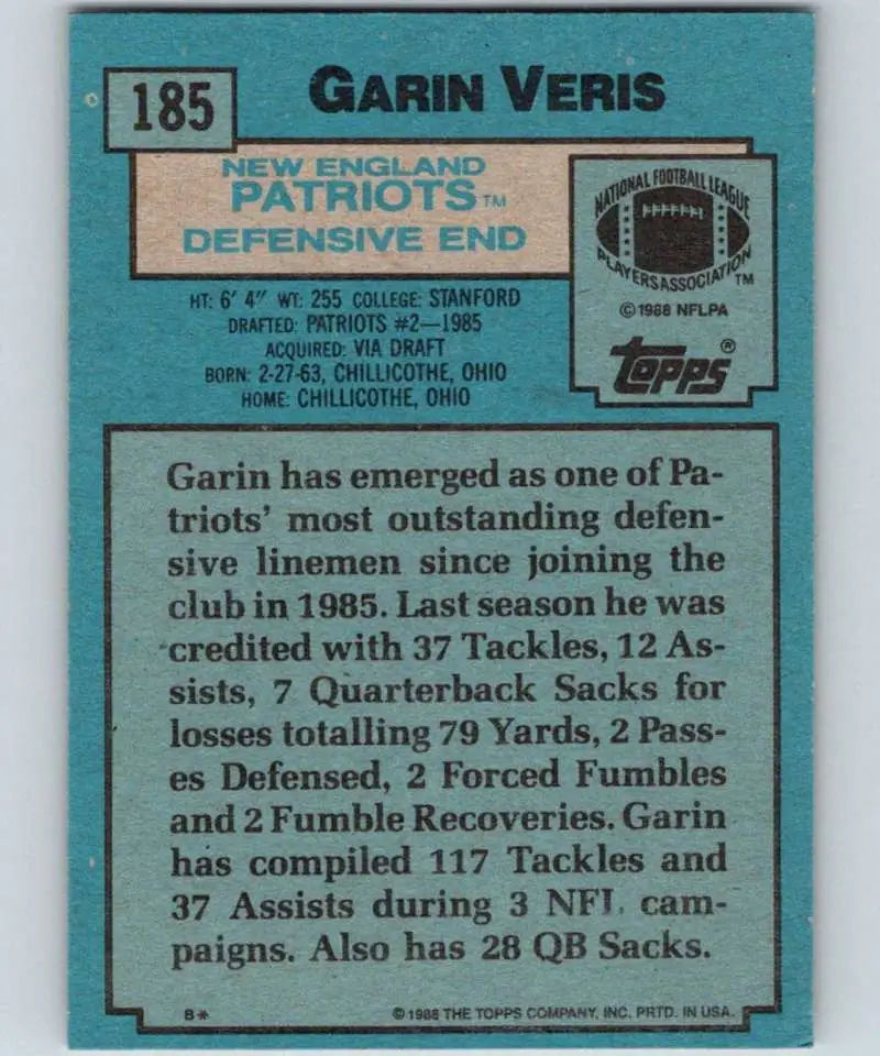 1988 Topps #185 Garin Veris EX Excellent New England Patriots Football Card - Football Card Single
