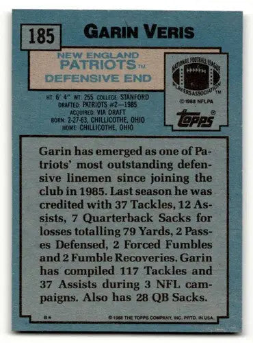 1988 Topps #185 Garin Veris New England Patriots Football Cards EX/N ID:62519 - Football Card Single