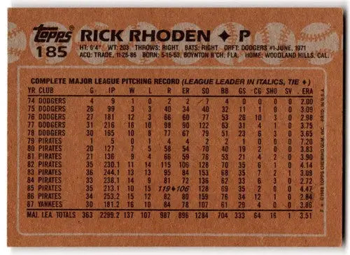 1988 Topps #185 Rick Rhoden EX/NM Yankees ID:43686 - Baseball Card Single