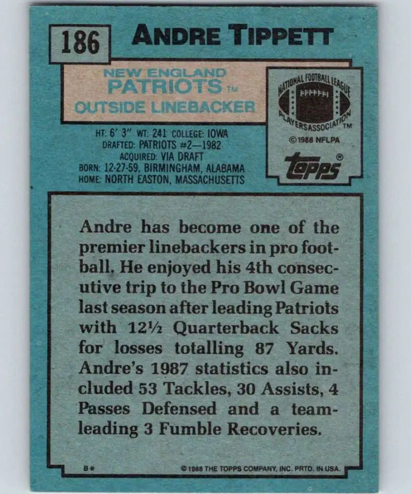 1988 Topps #186 Andre Tippett EX Excellent New England Patriots Football Card - Football Card Single