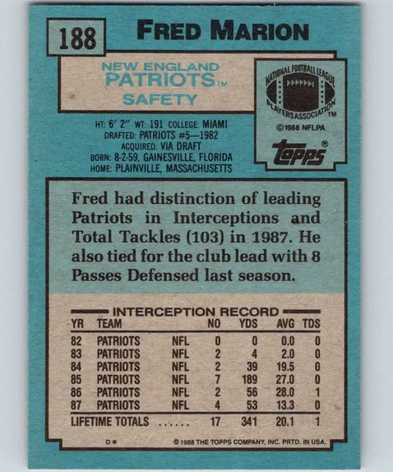 1988 Topps #188 Fred Marion EX Excellent New England Patriots Football Card - Football Card Single