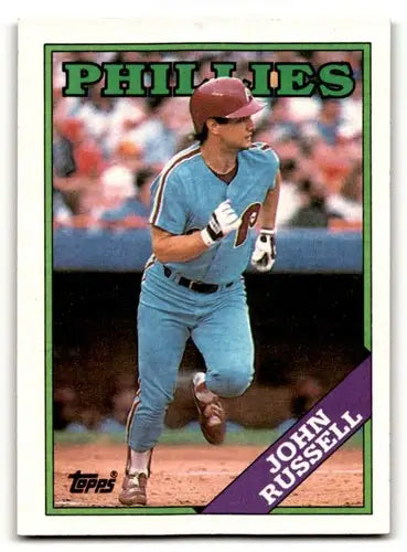 Original gloss John Russell Phillies baseball card from 1988 Topps #188 showing Russell Philadelphia Phillies player