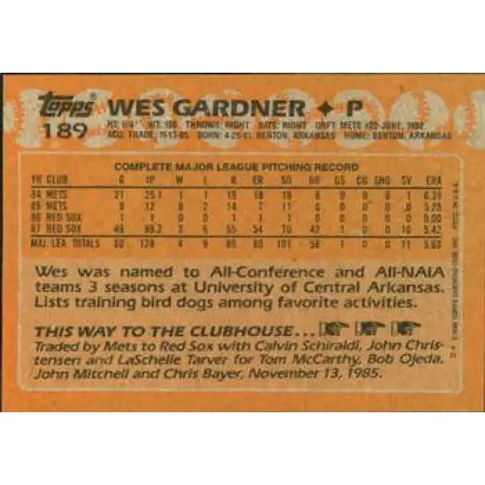 1988 Topps #189 Wes Gardner NM-MT RC Rookie Boston Red Sox Baseball Card