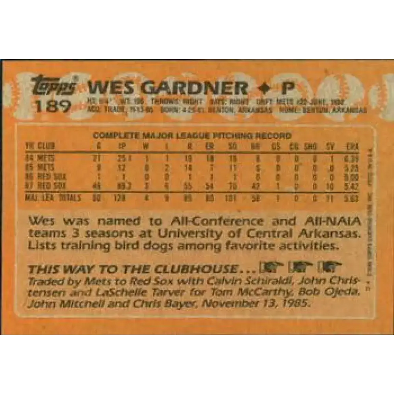 1988 Topps #189 Wes Gardner NM-MT RC Rookie Boston Red Sox Baseball Card