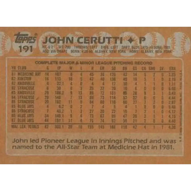 1988 Topps #191 John Cerutti NM-MT Toronto Blue Jays Baseball Card - Baseball Card Single