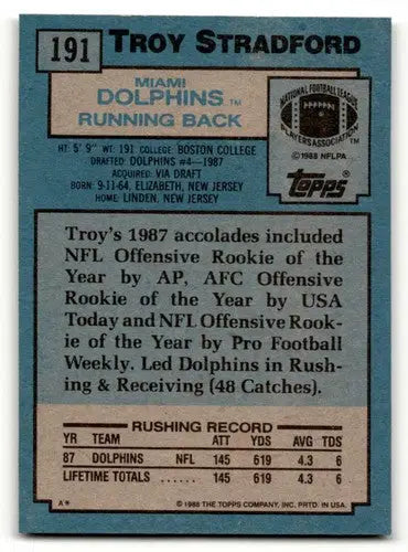 1988 Topps #191 Troy Stradford Miami Dophins Football Cards EX/NM ID:62525 - Football Card Single