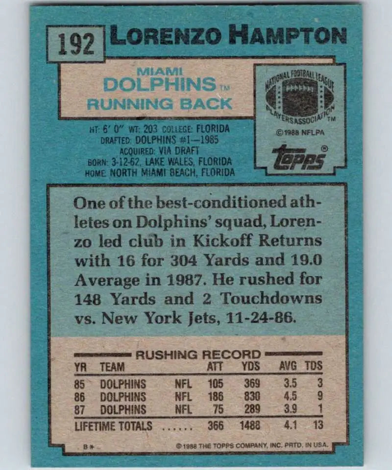 1988 Topps #192 Lorenzo Hampton EX Excellent Miami Dolphins Football Card - Football Card Single