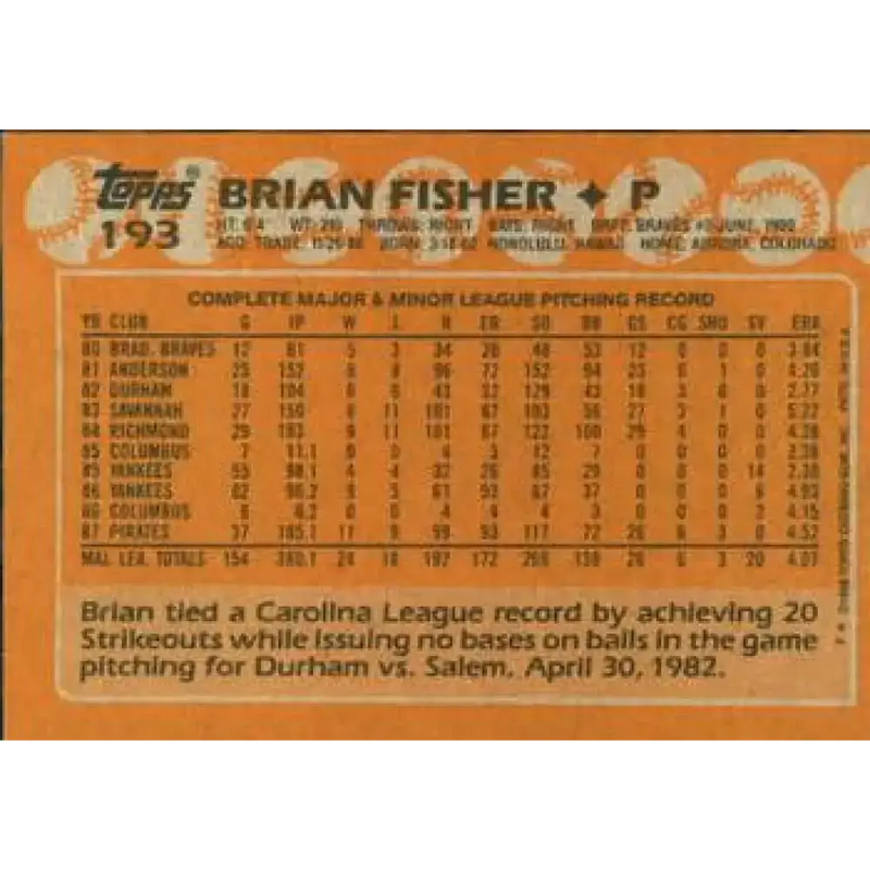 1988 Topps #193 Brian Fisher NM-MT Pittsburgh Pirates Baseball Card - Baseball Card Single