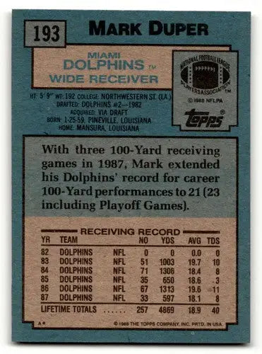 1988 Topps #193 Mark Duper Miami Dolphins Football Cards EX/NM ID:62527 - Football Card Single