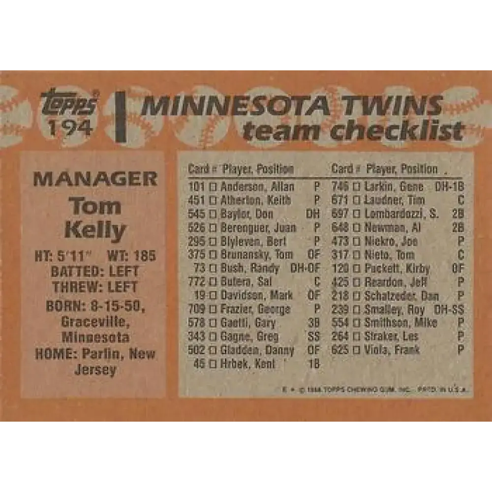 1988 Topps #194 Tom Kelly NM-MT Minnesota Twins Baseball Card - Baseball Card Single