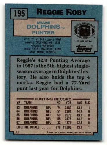 1988 Topps #195 Reggie Roby Miami Dolphins Football Cards EX/NM ID:62529 - Football Card Single
