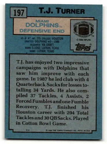 1988 Topps #197 T.J. Turner Miami Dolphins Football Cards EX/NM ID:62532 - Football Card Single