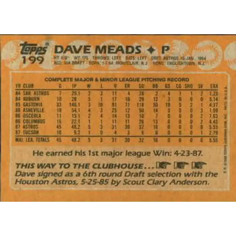 1988 Topps #199 Dave Meads NM-MT RC Rookie Houston Astros Baseball Card - Baseball Card Single