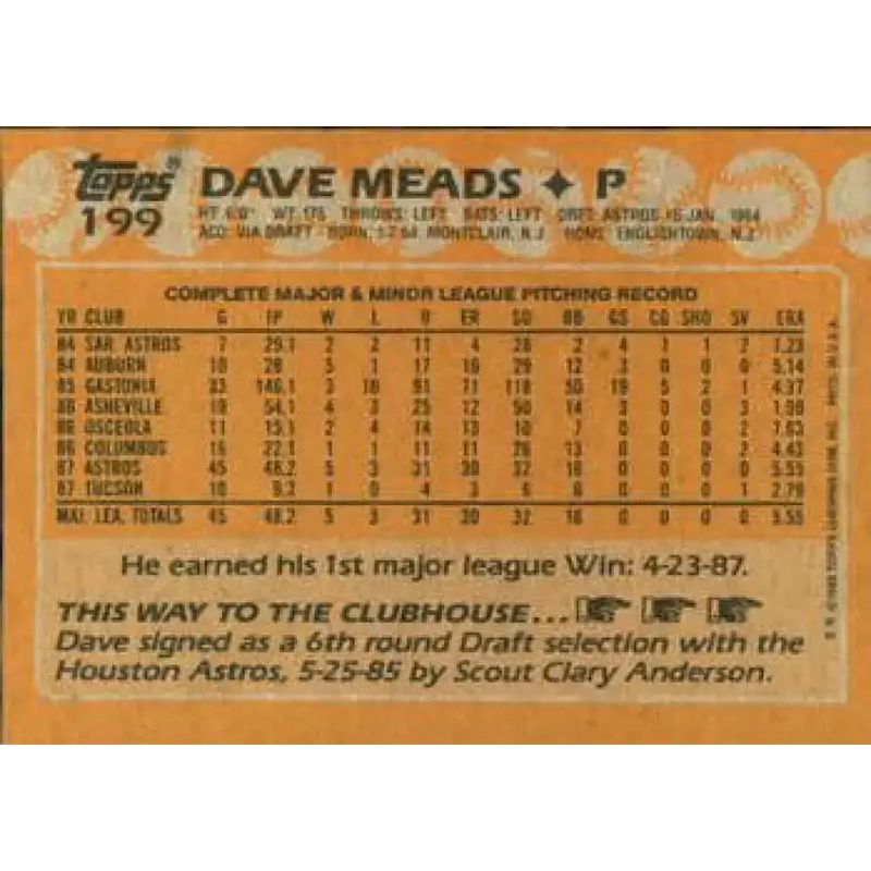 1988 Topps #199 Dave Meads NM-MT RC Rookie Houston Astros Baseball Card - Baseball Card Single