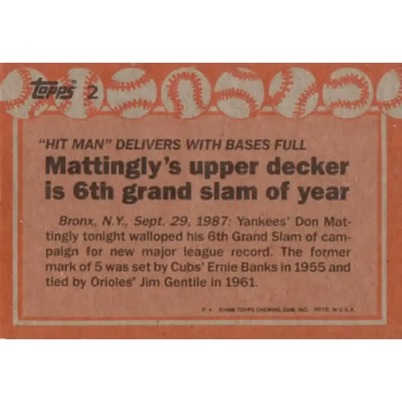 1988 Topps #2 Don Mattingly NM-MT New York Yankees Baseball Card - Baseball Card Single