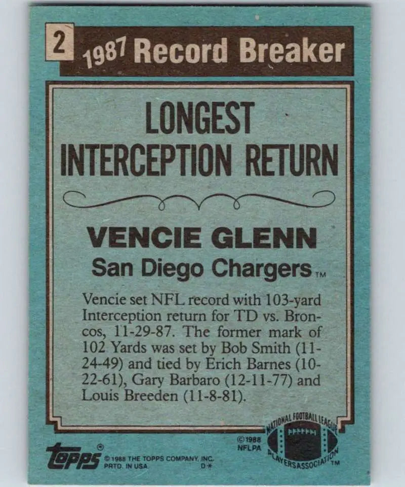 1988 Topps #2 Vencie Glenn EX Excellent San Diego Chargers Football Card - Football Card Single