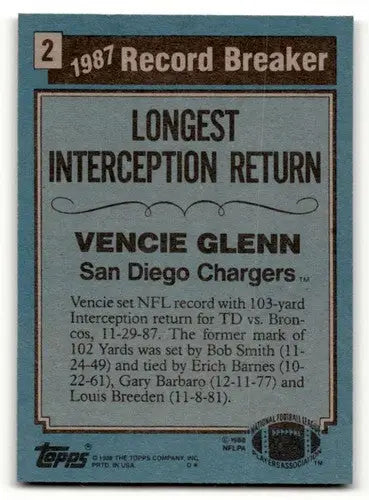 1988 Topps #2 Vencie Glenn San Diego Chargers Football Cards EX/NM ID:62337 - Football Card Single