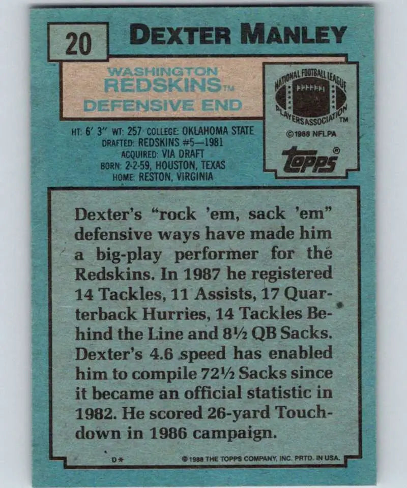 1988 Topps #20 Dexter Manley EX Excellent Washington Redskins Football Card