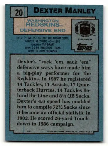 Original gloss Dexter Manley Washington Redskins football card from 1988 Topps